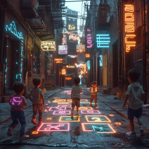 Children Playing Neon Hopscotch in Alley