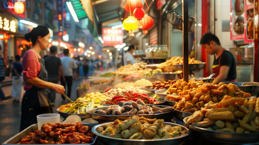 A bustling Chinese street food market