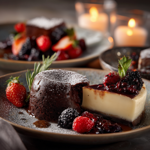 Chocolate Lava Cake and Cheesecake with Berry Compote
