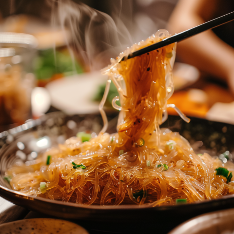 Chopsticks Lifting Steaming Glass Noodles