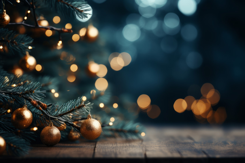 Christmas green fir branch with lights bokeh background