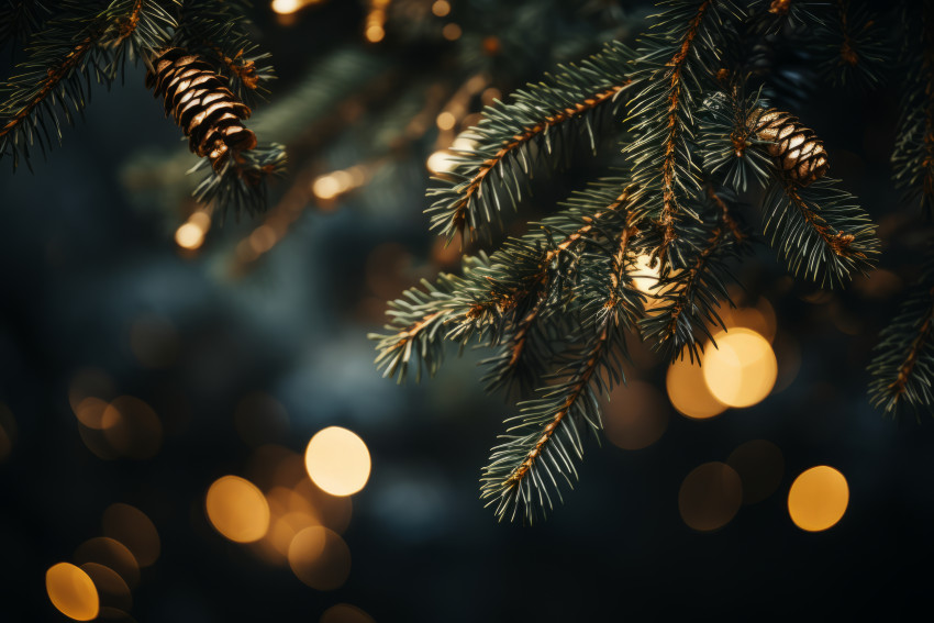 Christmas green fir branch with lights bokeh background