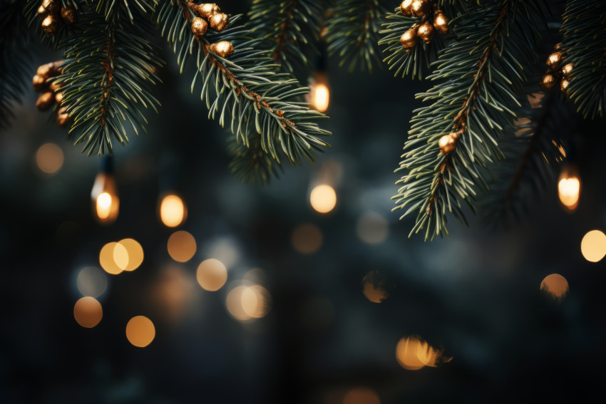 Christmas green fir branch with lights bokeh background
