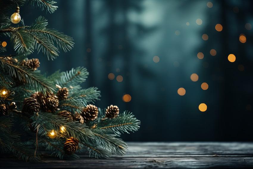 Christmas green fir branch with lights bokeh background