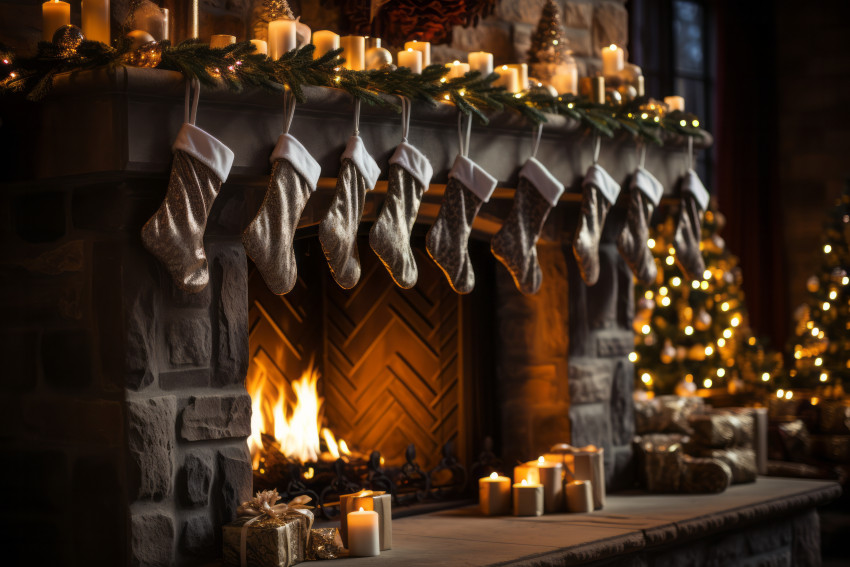 Christmas stockings hanging by fireplace