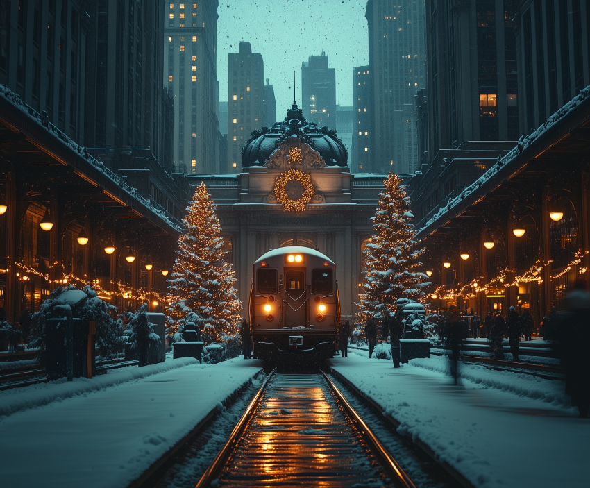 Christmas Train Arriving at Snowy City Station