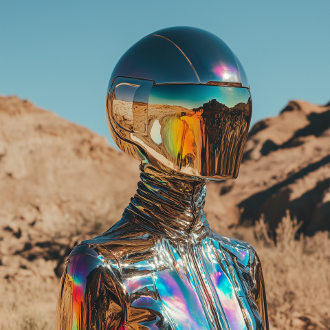 Chrome-Clad Figure in Desert Landscape