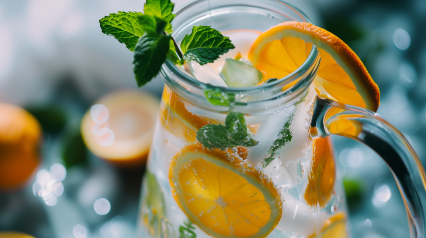 A jug of citrus-infused water with ice cubes