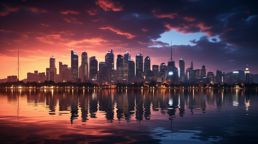 Waterside City Skyline at Sunset