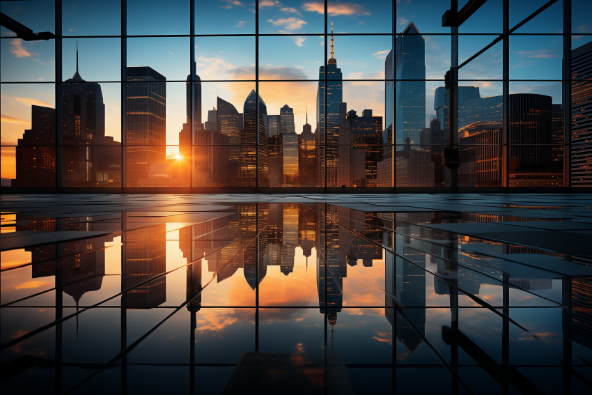 City Skyline Reflected in Glass at Sunset