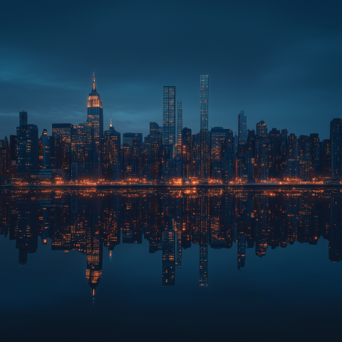 City Skyline Reflected Over Still Water