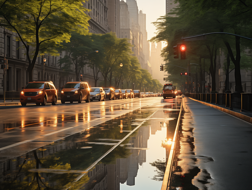 City Street at Sunset After Rain