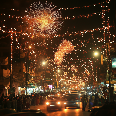 City Street Lit with Fireworks and Lights