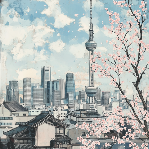 Cityscape with Cherry Blossoms in Japanese Woodblock Style