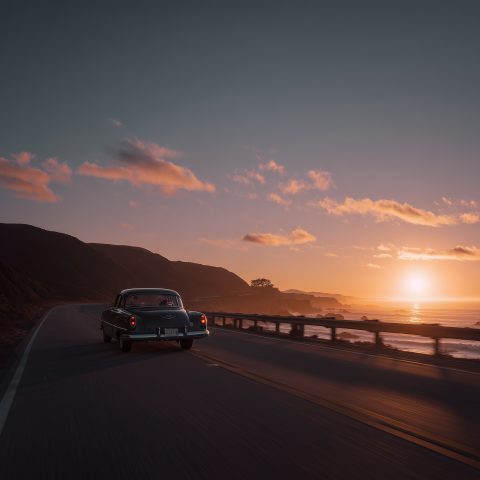 Classic Car Driving Along Coastal Highway