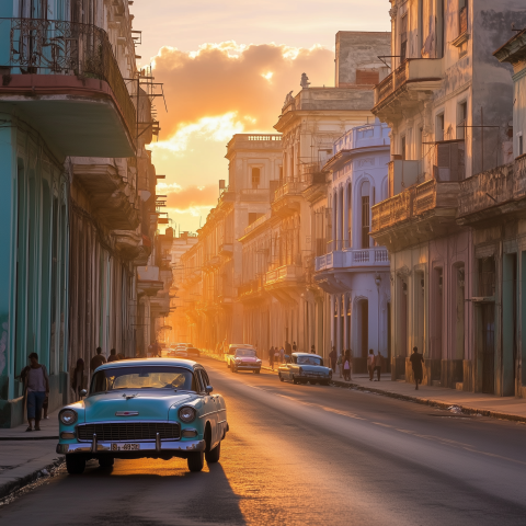 Classic Cars on Havana Street at Sunset