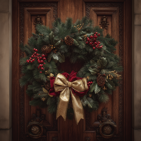 Classic Christmas Wreath on Ornate Door