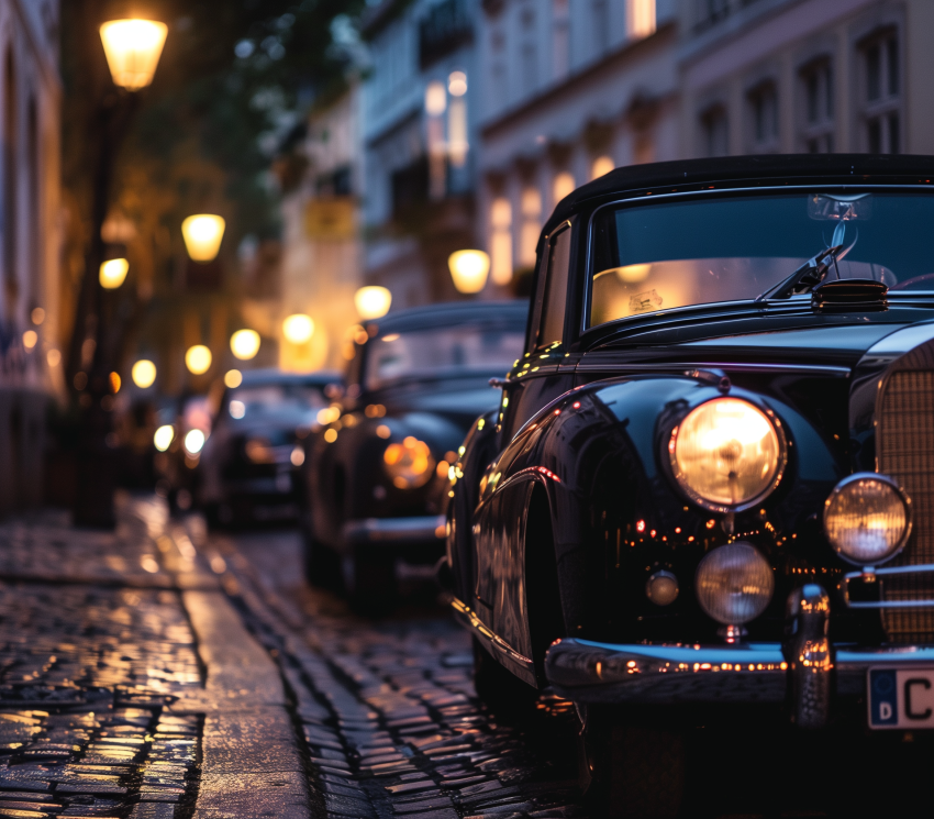 vintage cars on cobblestone streets