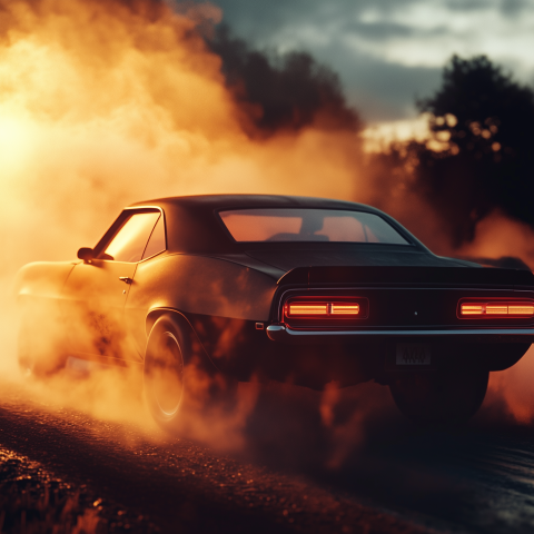 Classic Muscle Car Driving Through Smoke at Sunset