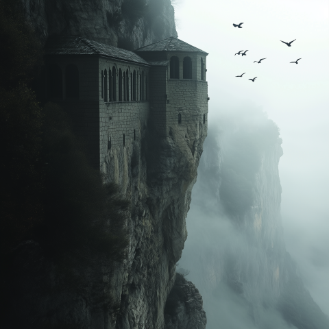 Cliffside Monastery Shrouded in Fog