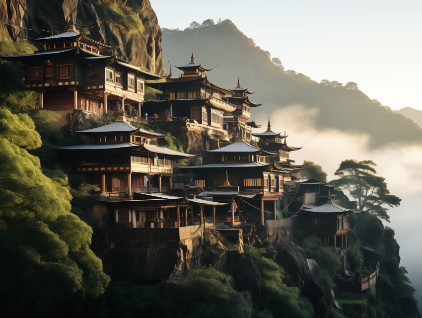Cliffside Pagoda Village in Morning Mist