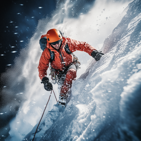 Climber Scaling Snowy Mountain Face