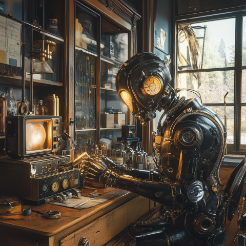 Clockwork Robot Scientist in Vintage Lab