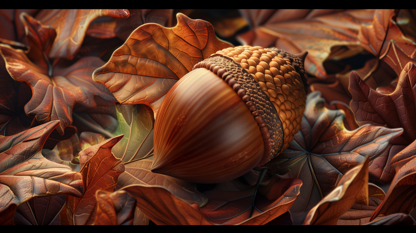 Close-up of Acorn on Autumn Leaves