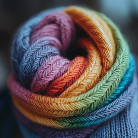 Close-Up of Colorful Knitted Yarn Spiral