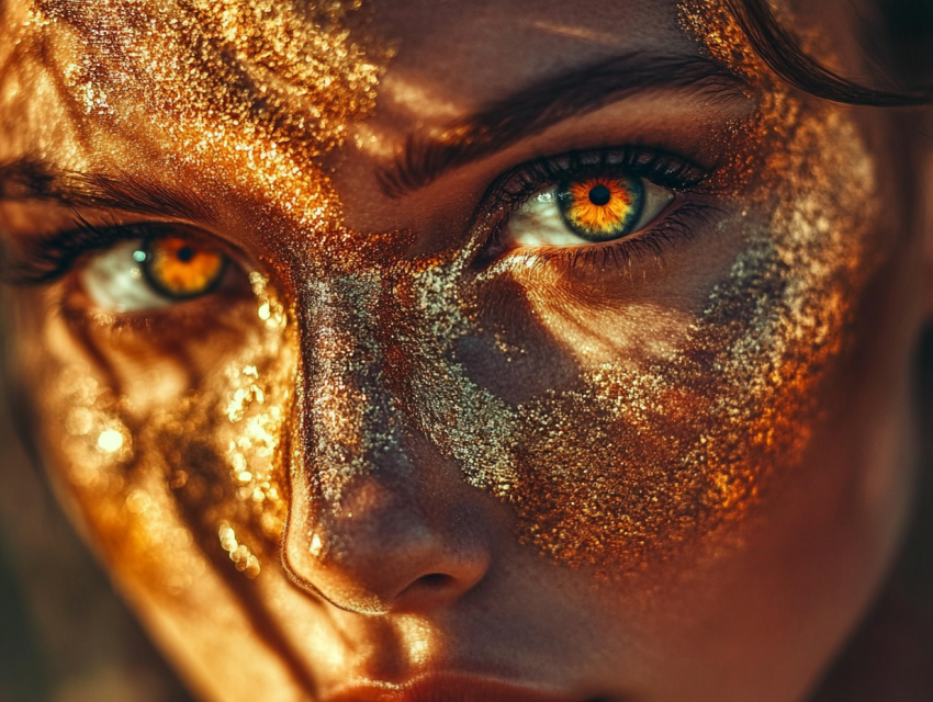 Close-Up of Glittering Gold Face Makeup