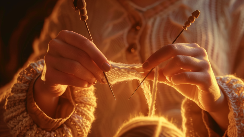Close-Up of Hands Knitting Warmly