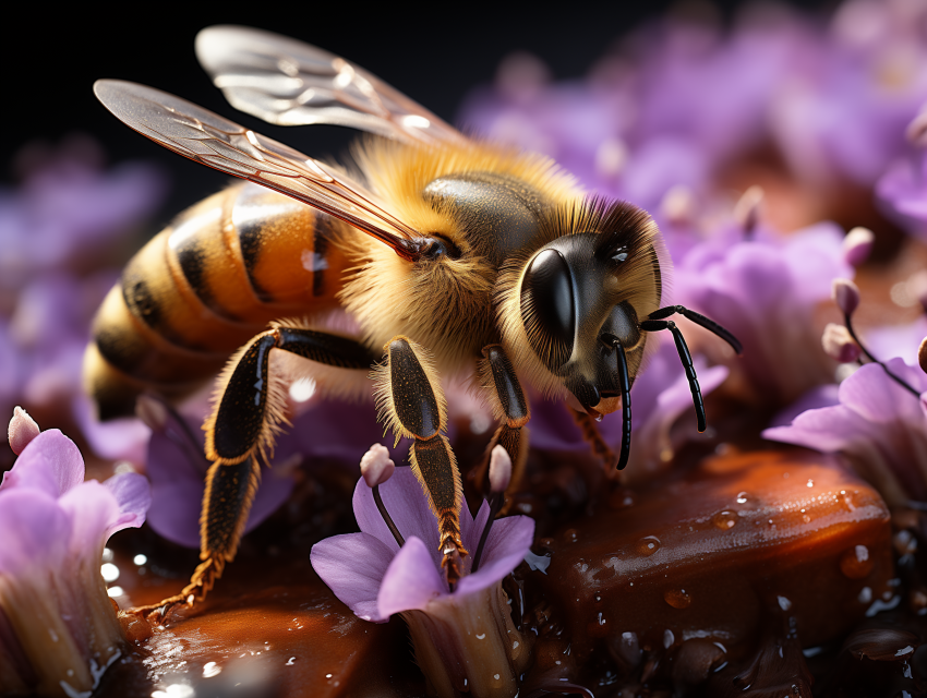 Close-Up of Honeybee on Purple Flowers