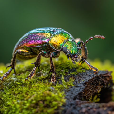 Close-Up of Iridescent Jewel Beetle on Moss