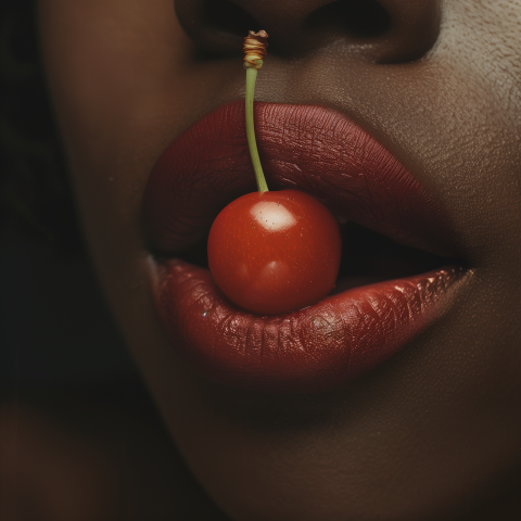 Close-up of Lips Holding a Cherry
