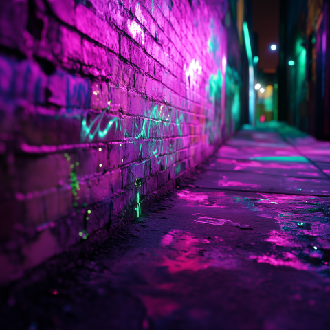 Close-Up of Neon Alley Brick Wall at Night