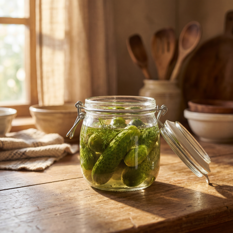 Close-Up of Pickles in Jar on Rustic Kitchen Table