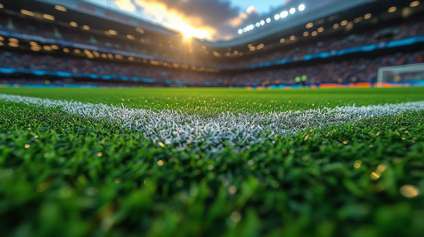 Close-Up of Soccer Field at Sunset in Stadium