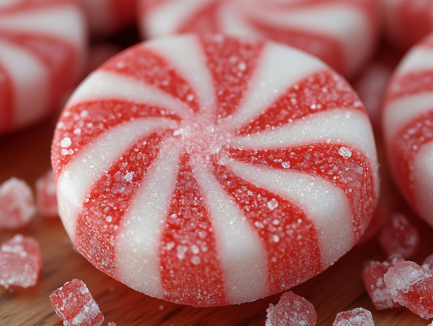 Close-Up of Sparkling Peppermint Candy Swirls