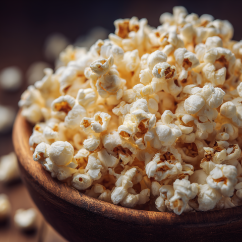 Close-Up Popcorn in Wooden Bowl