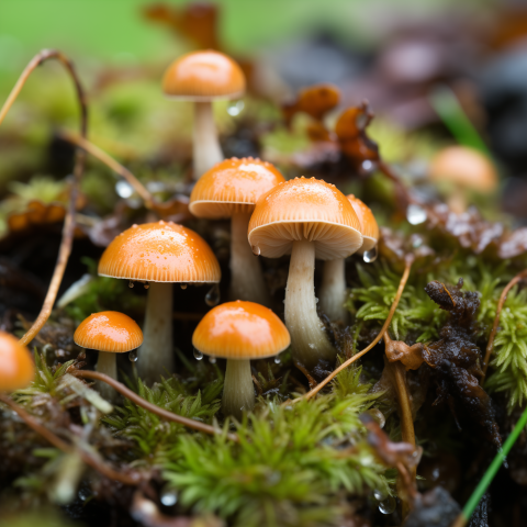 Cluster of Orange Mushrooms in Moss