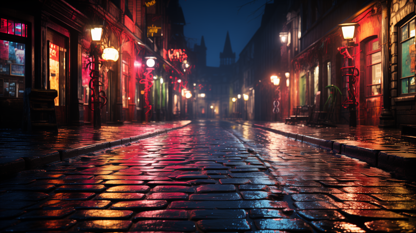 Cobbled Street Glowing in Neon Rain