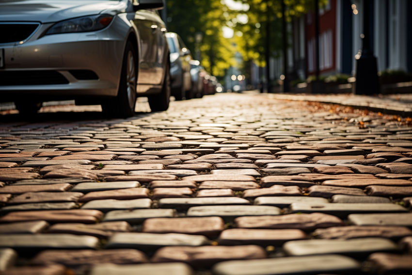 Sunlit Cobblestone Street with Parked Cars