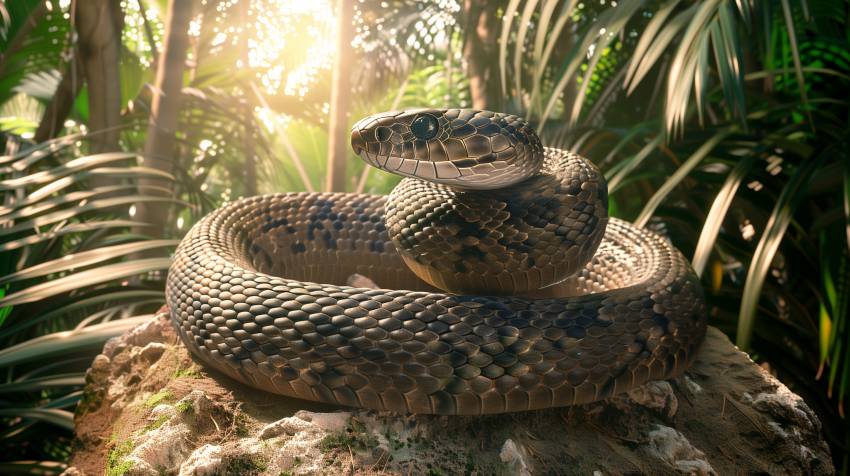 Coiled Adder Snake Basking in Sunlight