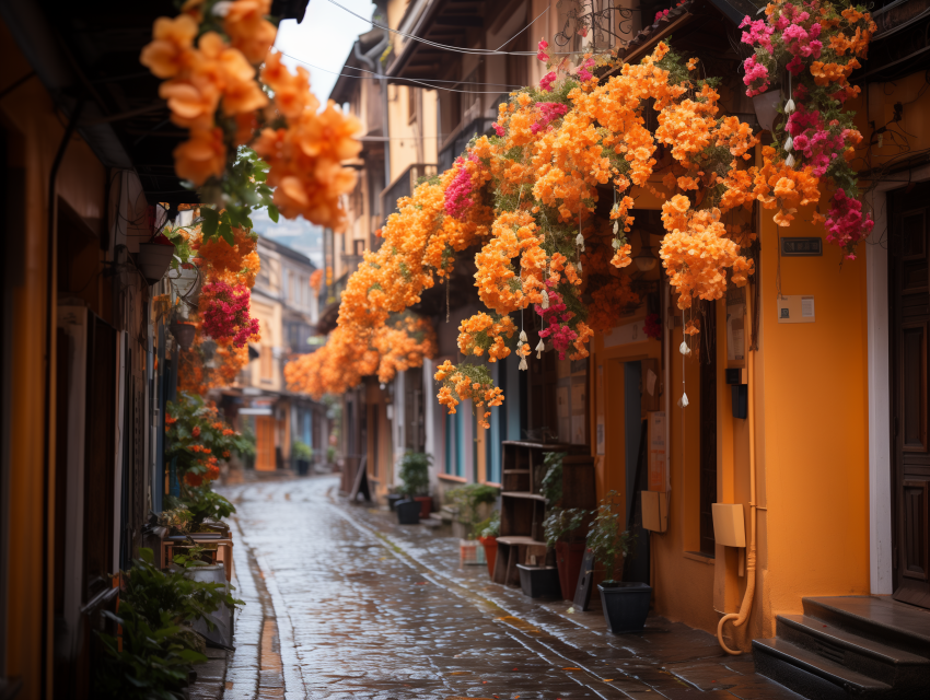Colorful Alley with Hanging Bougainvillea
