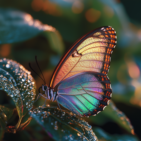 Colorful Butterfly on Dew-Covered Leaf