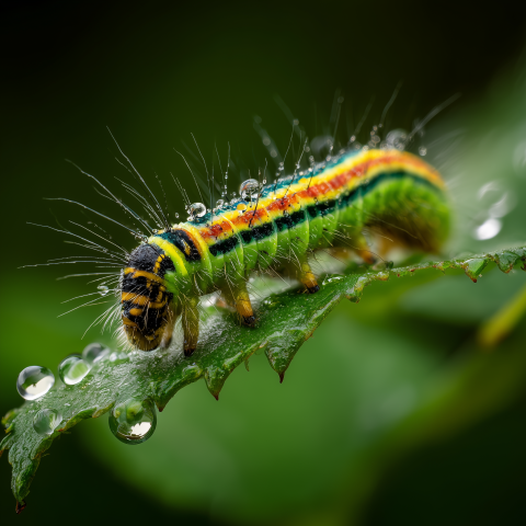 Colorful Caterpillar on Dewy Leaf