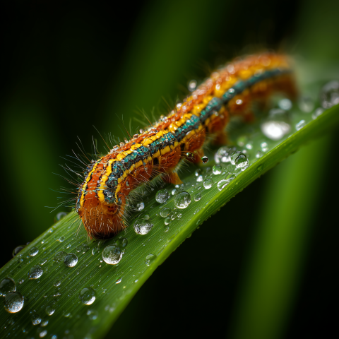 Colorful Caterpillar on Dewy Leaf