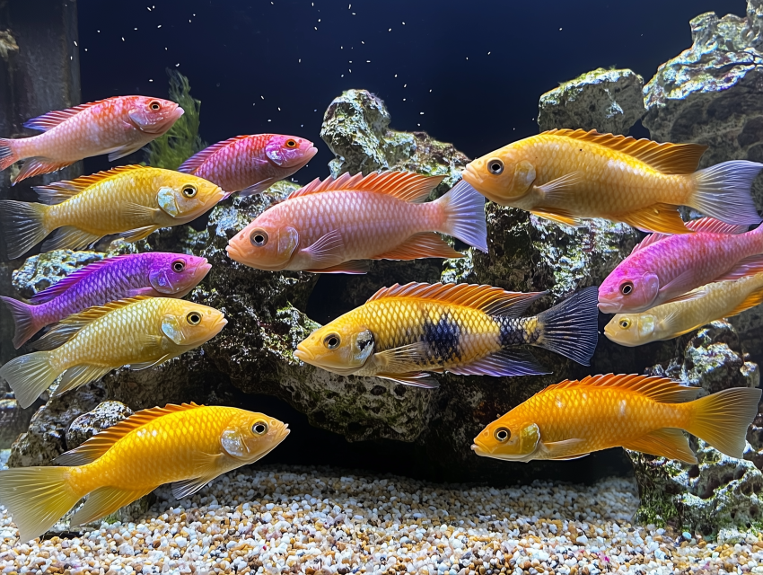 Colorful Cichlid Fish Group in Aquarium