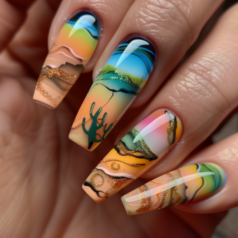 Colorful Desert-Themed Nail Art Design