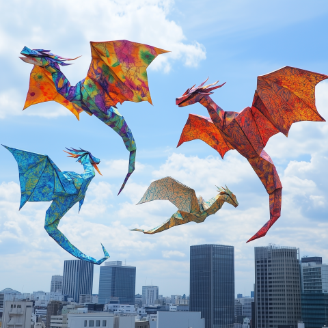 Colorful Dragon Kites Flying Over Cityscape